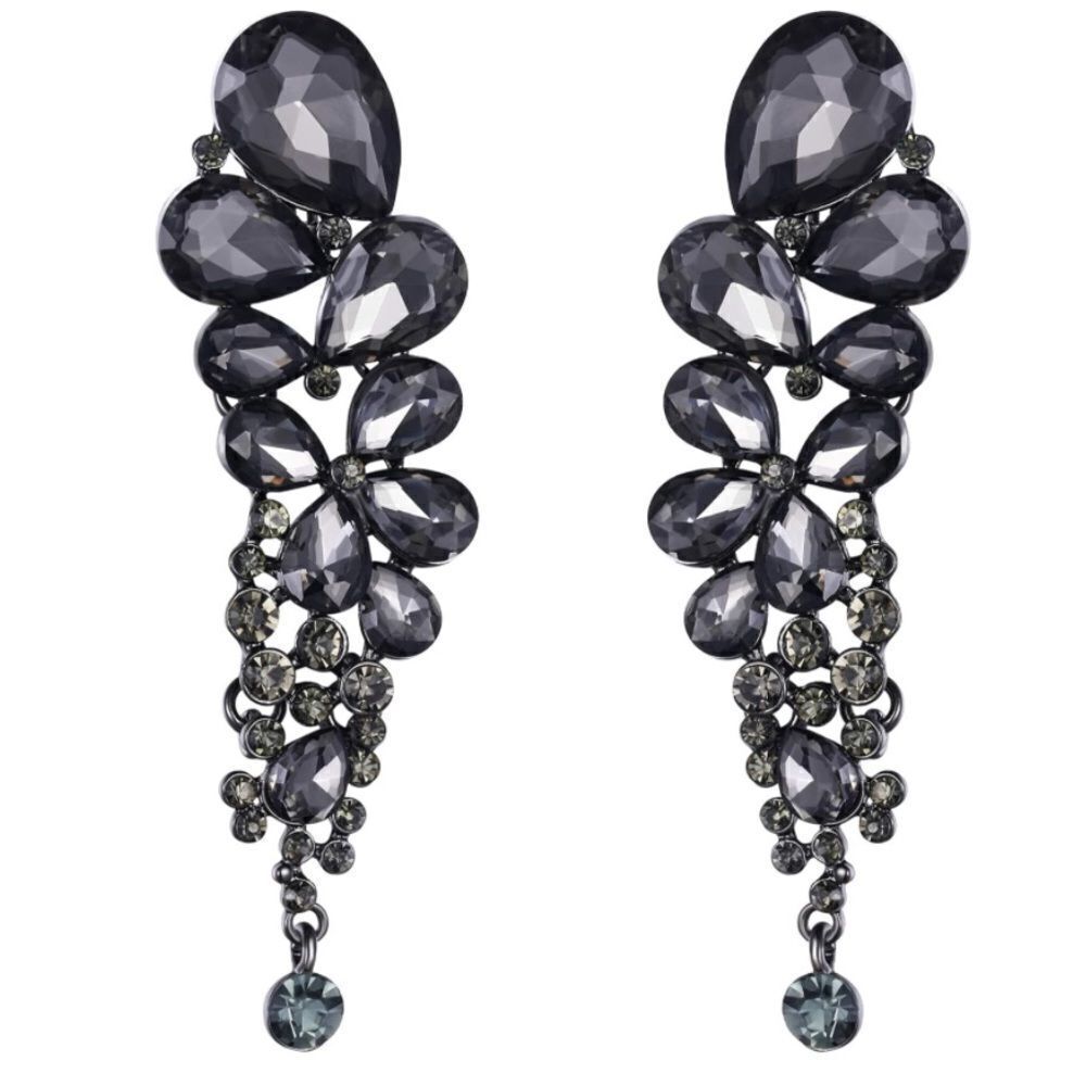 Gun Metal with Charcoal Austrian Crystal Chandelier Statement Clip On Earrings